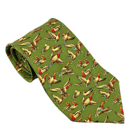 Banana Republic Men Duck Hunting Italian 100% Silk Necktie Tie Green Traditional - Picture 1 of 6